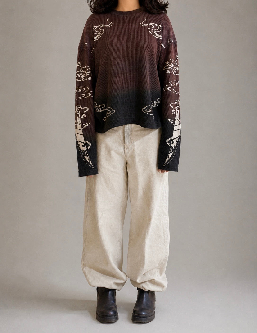 OMBRE ACID WASH LONG SLEEVE WAFFLE TEE