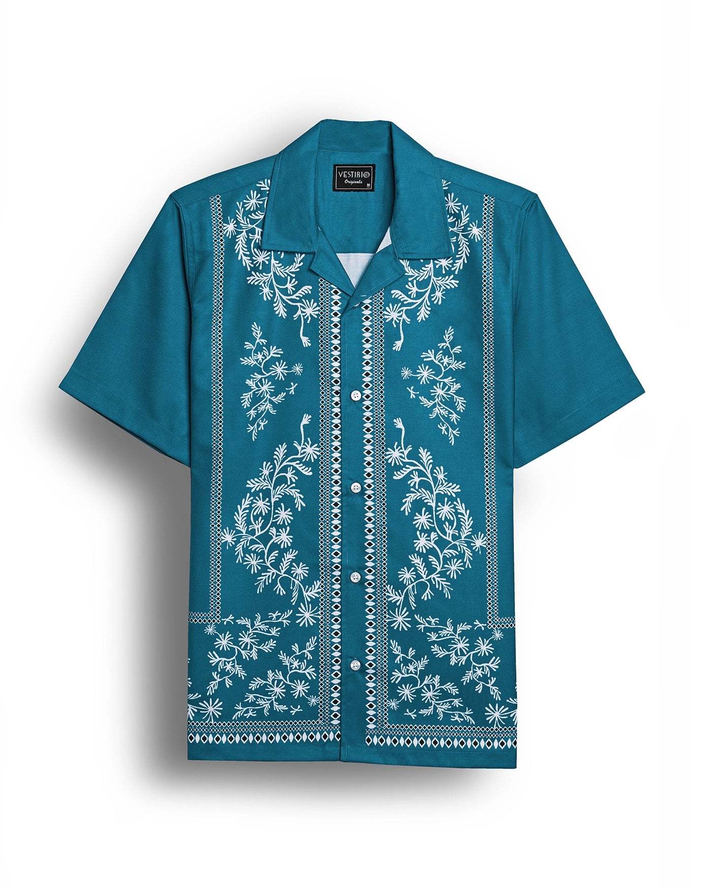 Blue border printed camp collar shirt for men