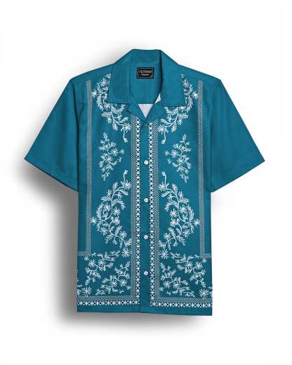 Blue border printed camp collar shirt for men