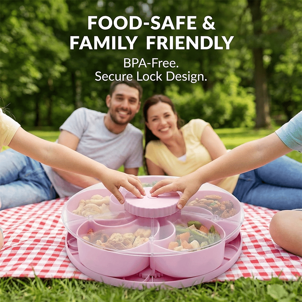  Hot Sale🍿✨ Divided Spin & Snack Serving Tray – 5-Compartment Rotating Party Platter