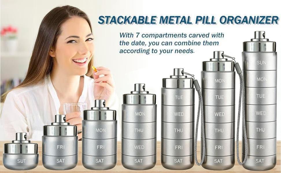 Metal Travel Pill Organizer, Portable Waterproof Weekly Pill Box, Large Aluminum Alloy Container, BPA Free 7 Day Daily Medicine Organizer Holder for Vitamin, Fish Oil, Supplement Storage box