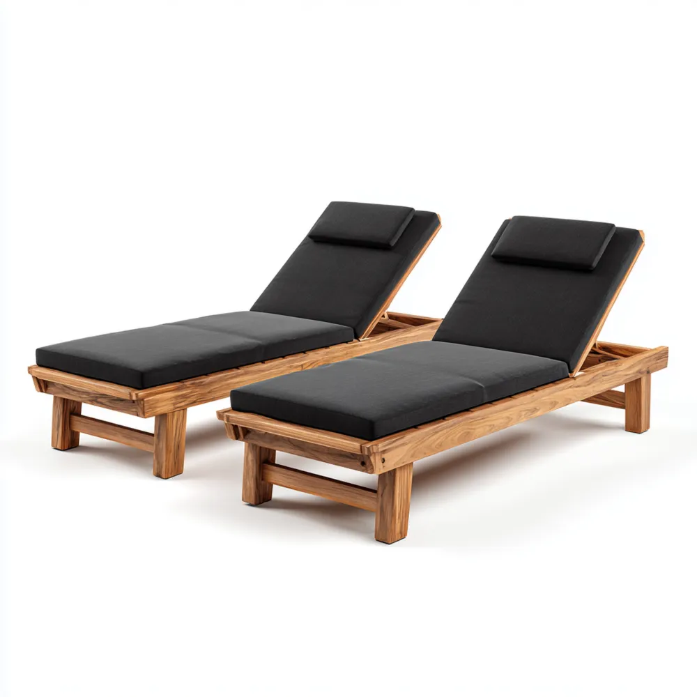 Lettino prendisole 200x65x30 cm Legno di Teak Cuscini Neri – Design Moderno