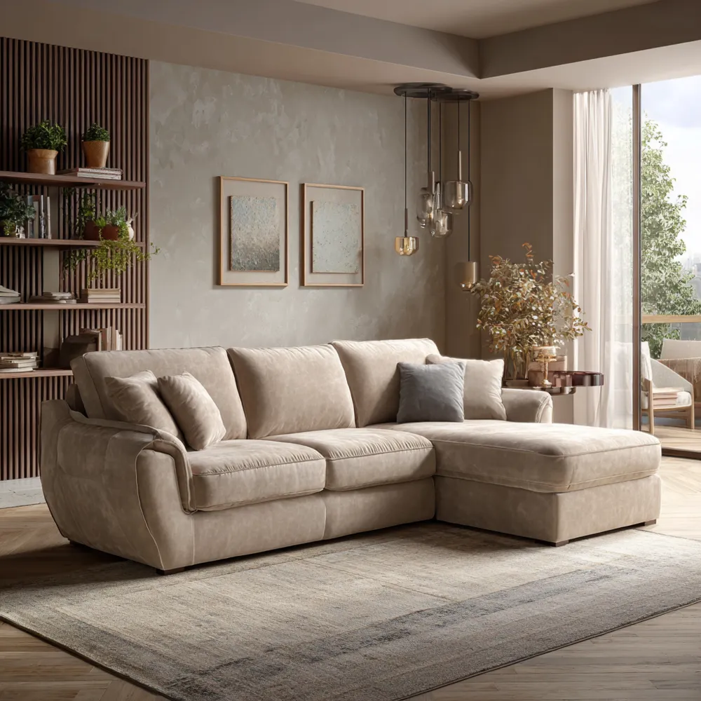 Divano angolare in tessuto 250x150x85 cm – Beige – Design moderno