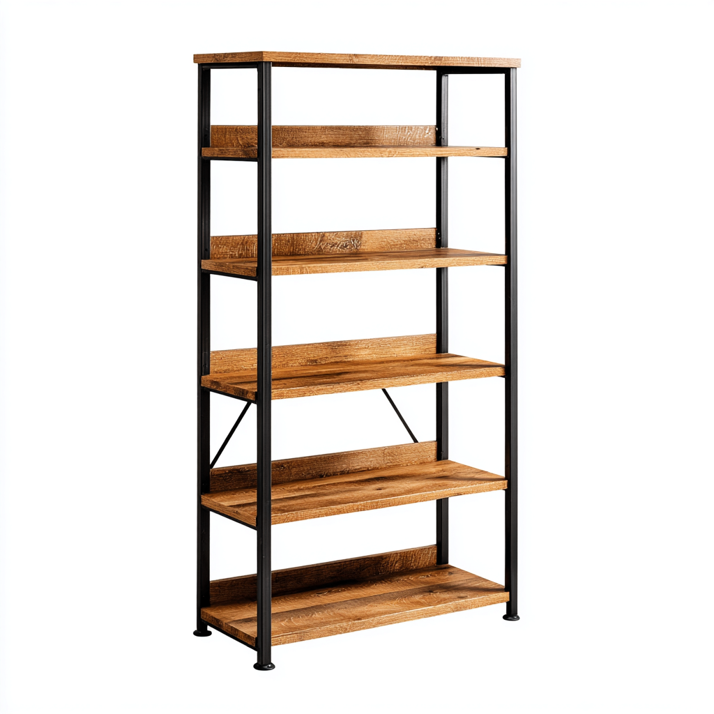 Bibliothèque métal et bois 80x30x160 cm - noir-bois naturel - rangement décoratif industriel - adaptée au salon-Homigetio