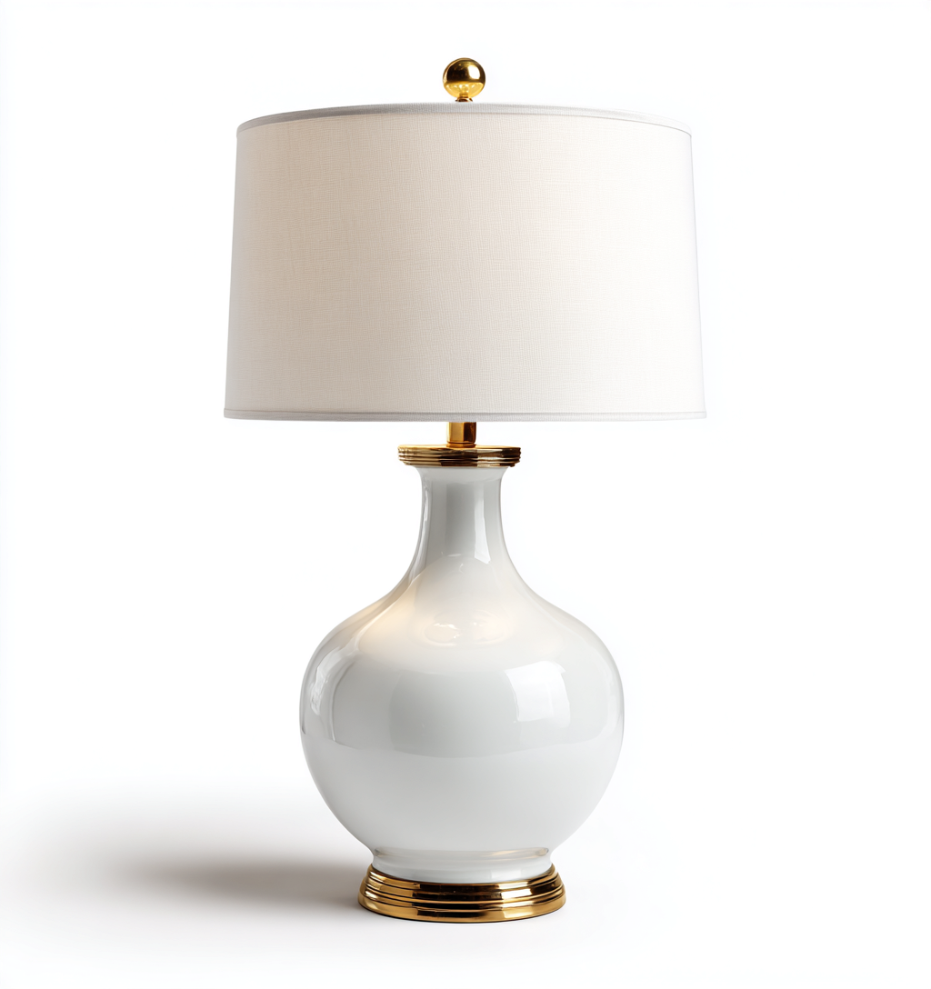 Lampe de table céramique blanche et métal doré 60x35x35 cm - abat-jour en tissu blanc - adaptée au salon - style classique-Homigetio