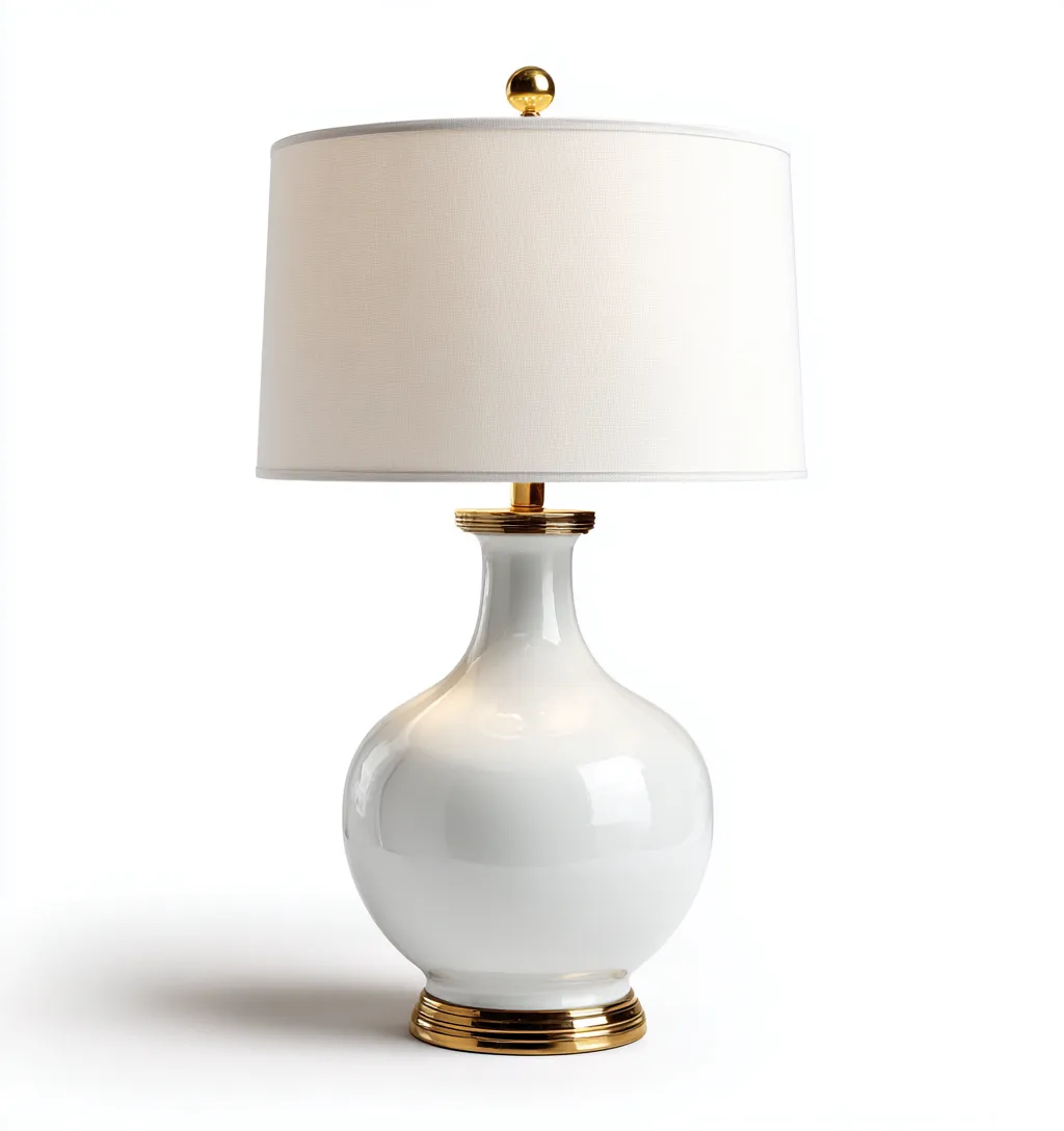 Lampe de table céramique blanche et métal doré 60x35x35 cm - abat-jour en tissu blanc - adaptée au salon - style classique-Homigetio