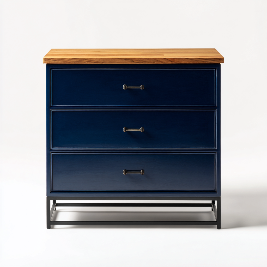 Commode 3 tiroirs bois métal 80x40x85 cm - bleu marine chêne naturel - design moderne adapté au salon-Homigetio