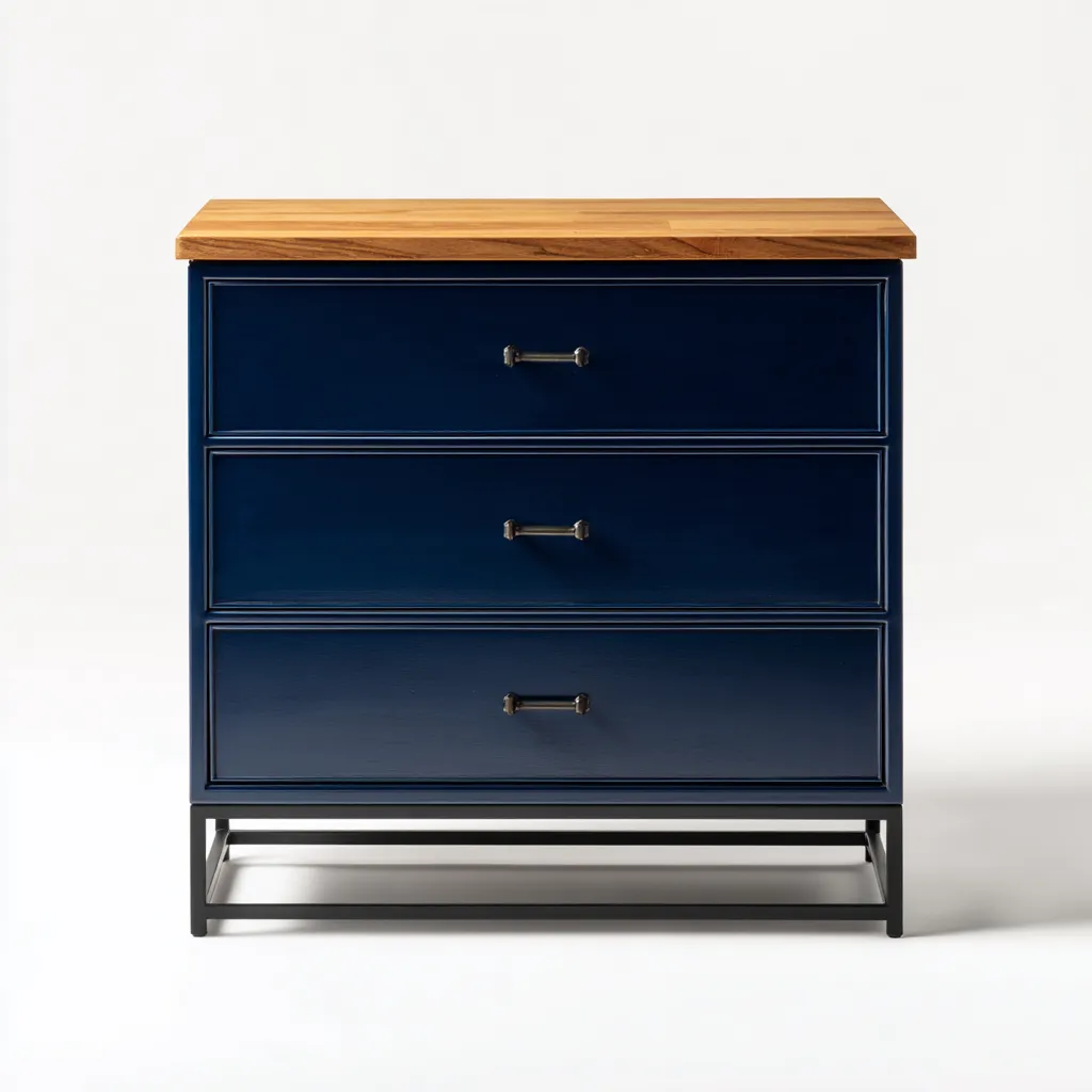 Commode 3 tiroirs bois métal 80x40x85 cm - bleu marine chêne naturel - design moderne adapté au salon-Homigetio
