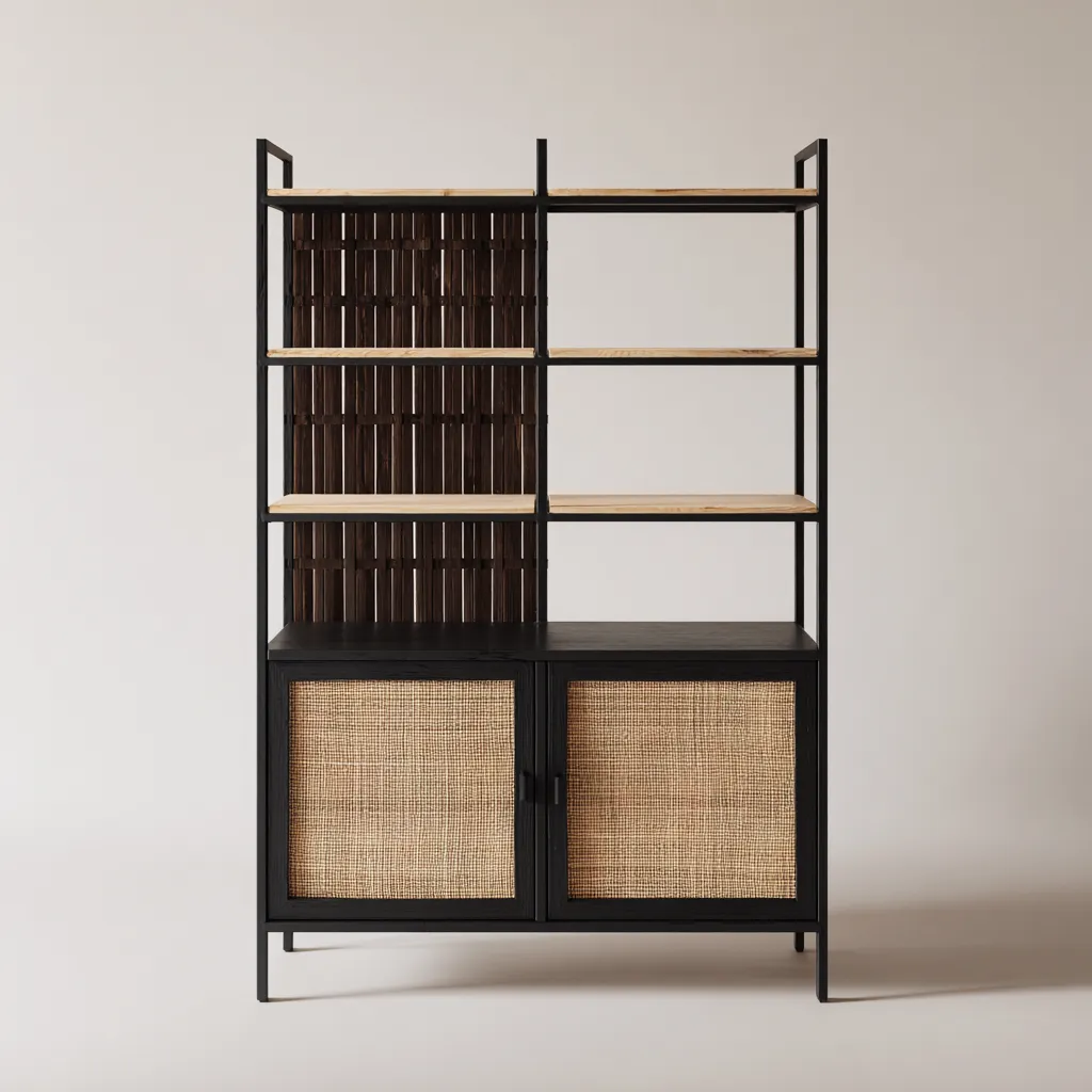 Bibliothèque Métal-Bois-Rotin 90x35x180 cm - Noir-Brun - Style moderne-Homigetio