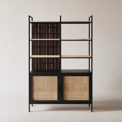 Bibliothèque Métal-Bois-Rotin 90x35x180 cm - Noir-Brun - Style moderne-Homigetio