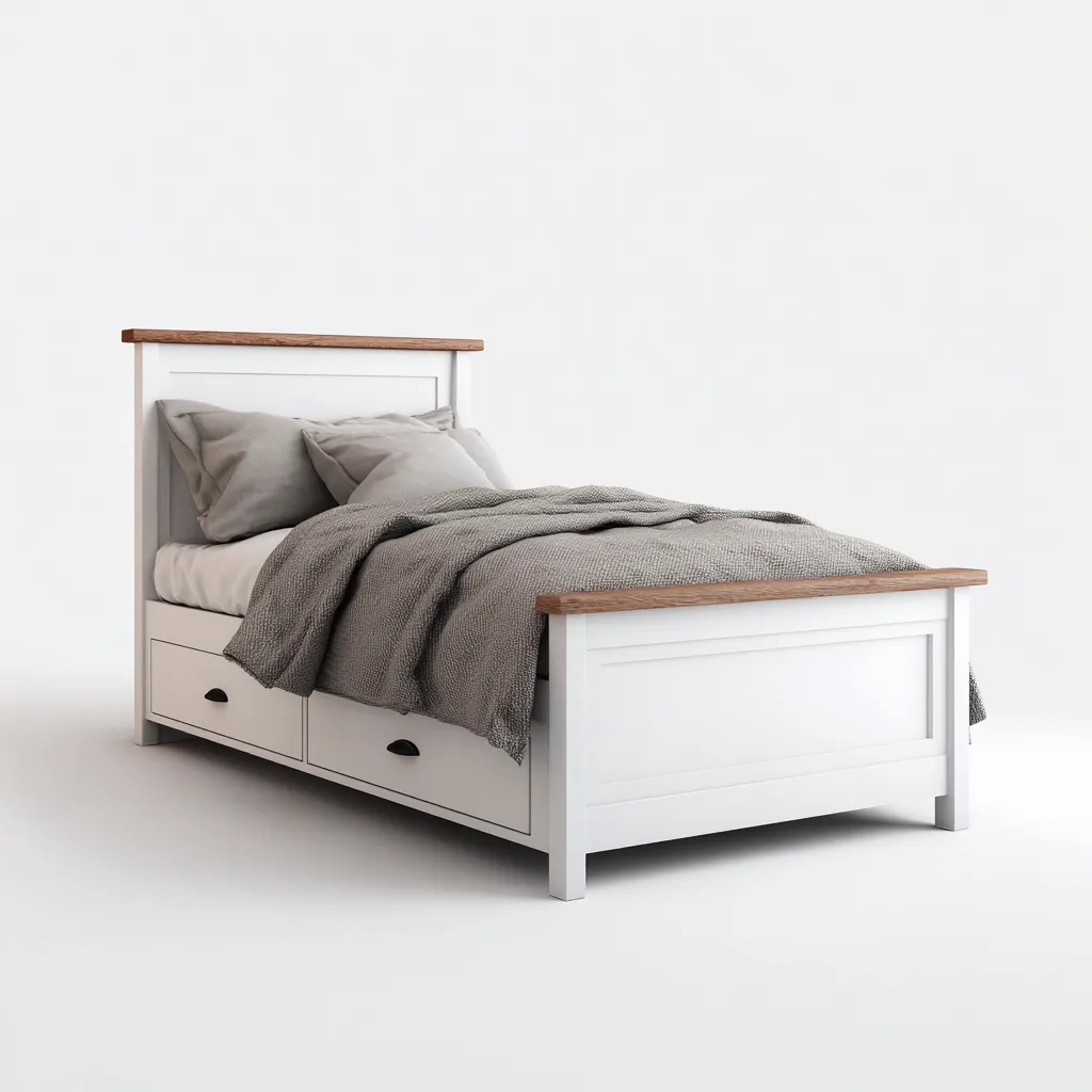 Lit simple bois 200x100x90 cm - blanc-bois - avec rangement adapté à la chambre-Homigetio