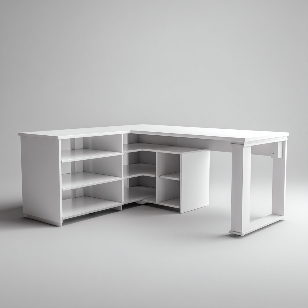 Bureau en forme de L blanc 150x120x75 cm - avec rangements ouverts - adapté au bureau - style moderne-Homigetio