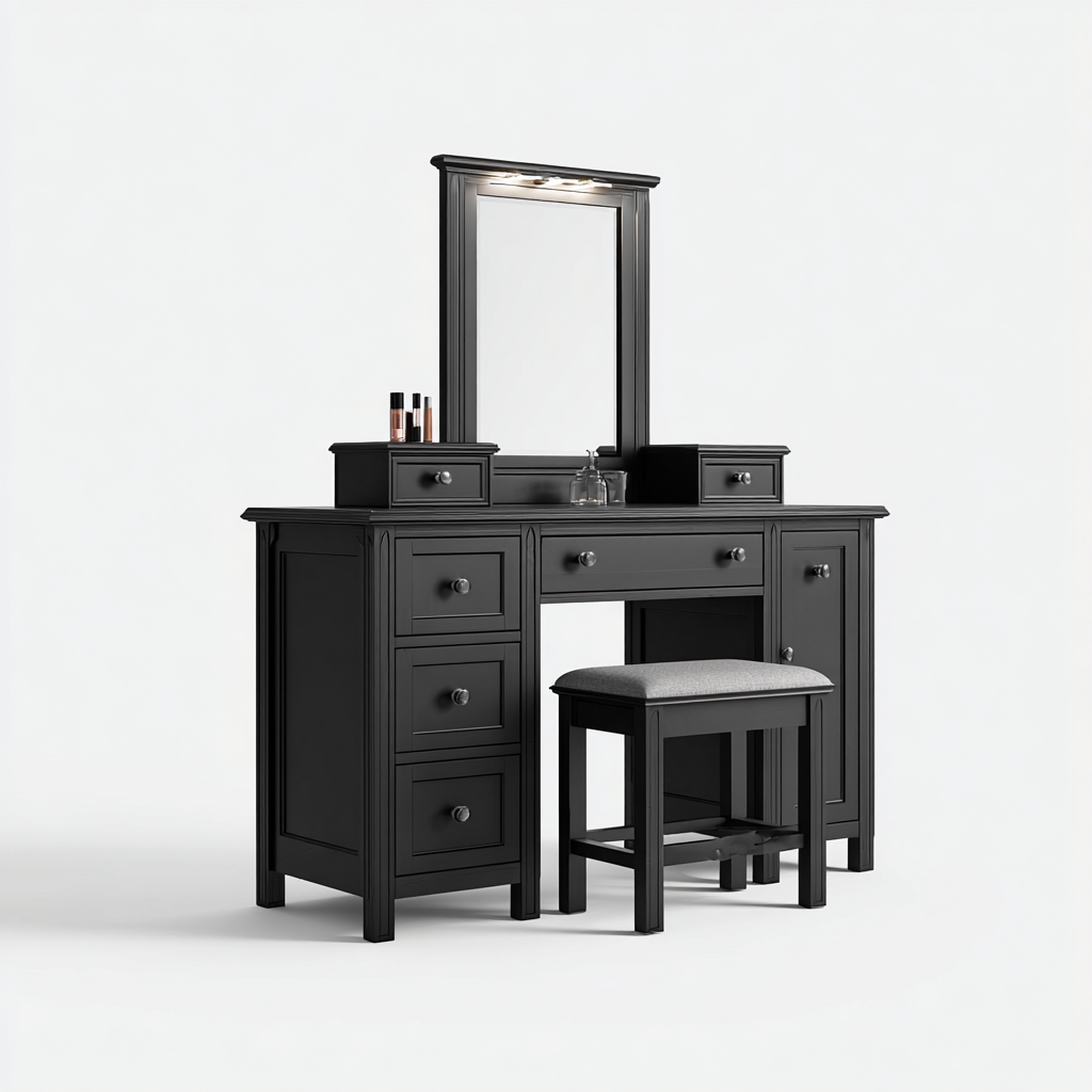 Coiffeuse bois 140x45x160 cm - noir-gris - adaptée à la chambre - design moderne-Homigetio