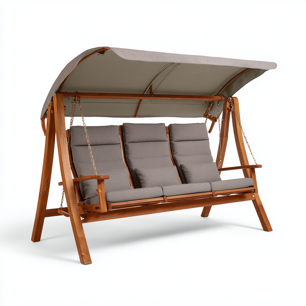 Dondolo de jardin en bois et toile 190x120x165 cm - gris-marron - adapté à l'extérieur - design avec auvent-Homigetio