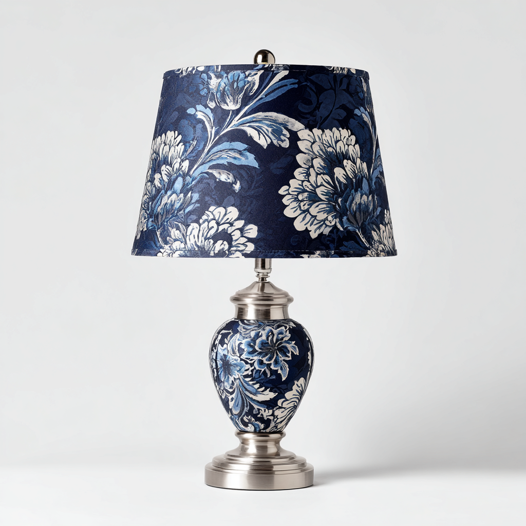 Lampe de table Métal-Tissu 28x28x50 cm - Bleu-Blanc - Style classique-Homigetio