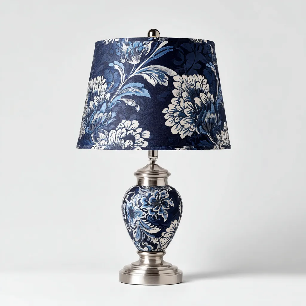 Lampe de table Métal-Tissu 28x28x50 cm - Bleu-Blanc - Style classique-Homigetio