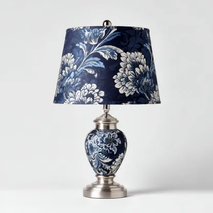 Lampe de table Métal-Tissu 28x28x50 cm - Bleu-Blanc - Style classique-Homigetio