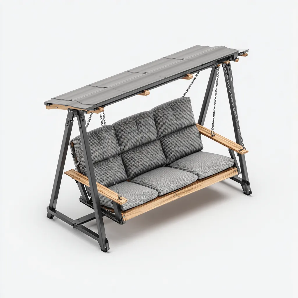 Balancelle de jardin métal-bois-tissu 200x120x175 cm - gris-bois-noir - avec auvent adapté au jardin-Homigetio