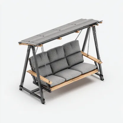 Balancelle de jardin métal-bois-tissu 200x120x175 cm - gris-bois-noir - avec auvent adapté au jardin-Homigetio