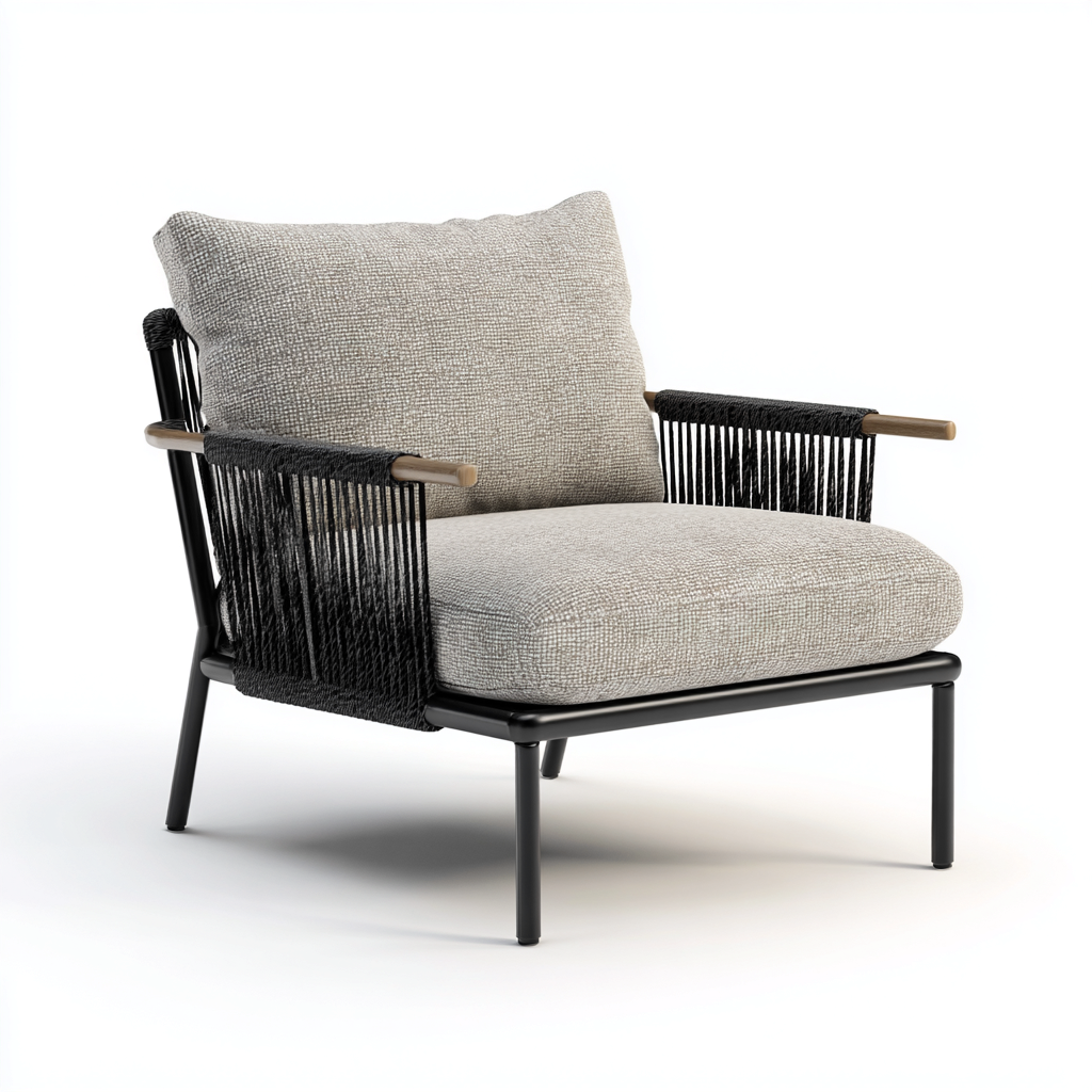 Fauteuil de jardin métal-corde 72x78x85 cm - noir-gris - design moderne adapté au jardin-Homigetio