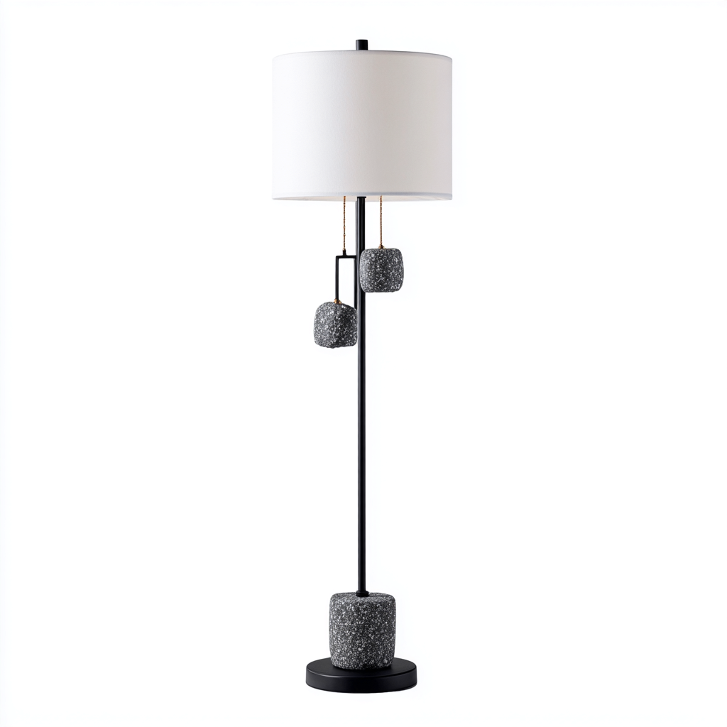 Lampadaire métal et tissu 30x30x160 cm - blanc-noir - éclairage décoratif moderne - adapté au salon-Homigetio