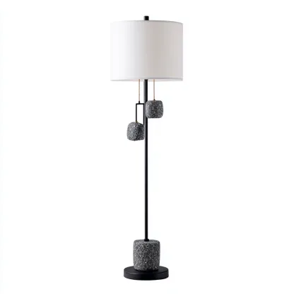 Lampadaire métal et tissu 30x30x160 cm - blanc-noir - éclairage décoratif moderne - adapté au salon-Homigetio