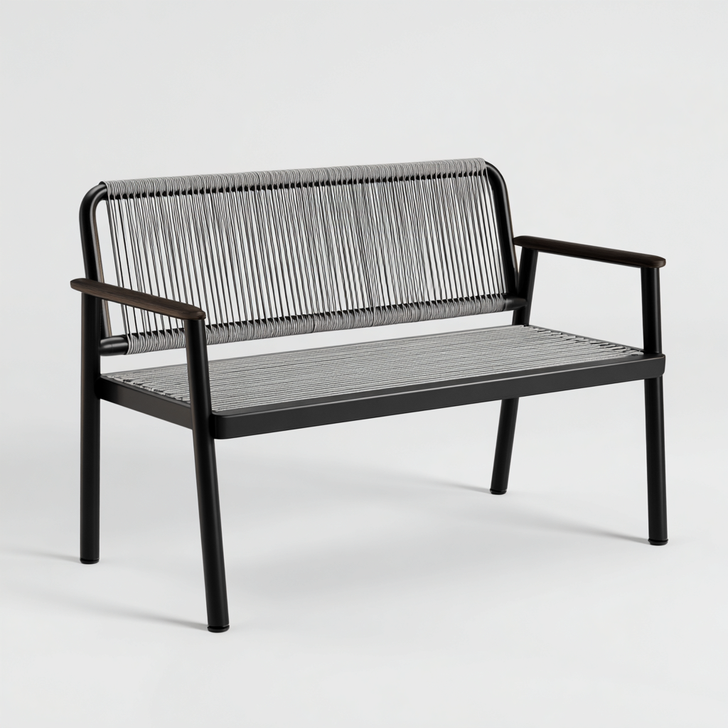 Banc de jardin en métal et corde 125x58x82 cm - noir-gris - adapté à l'extérieur - design moderne aéré-Homigetio