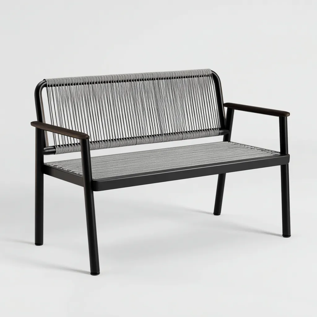 Banc de jardin en métal et corde 125x58x82 cm - noir-gris - adapté à l'extérieur - design moderne aéré-Homigetio