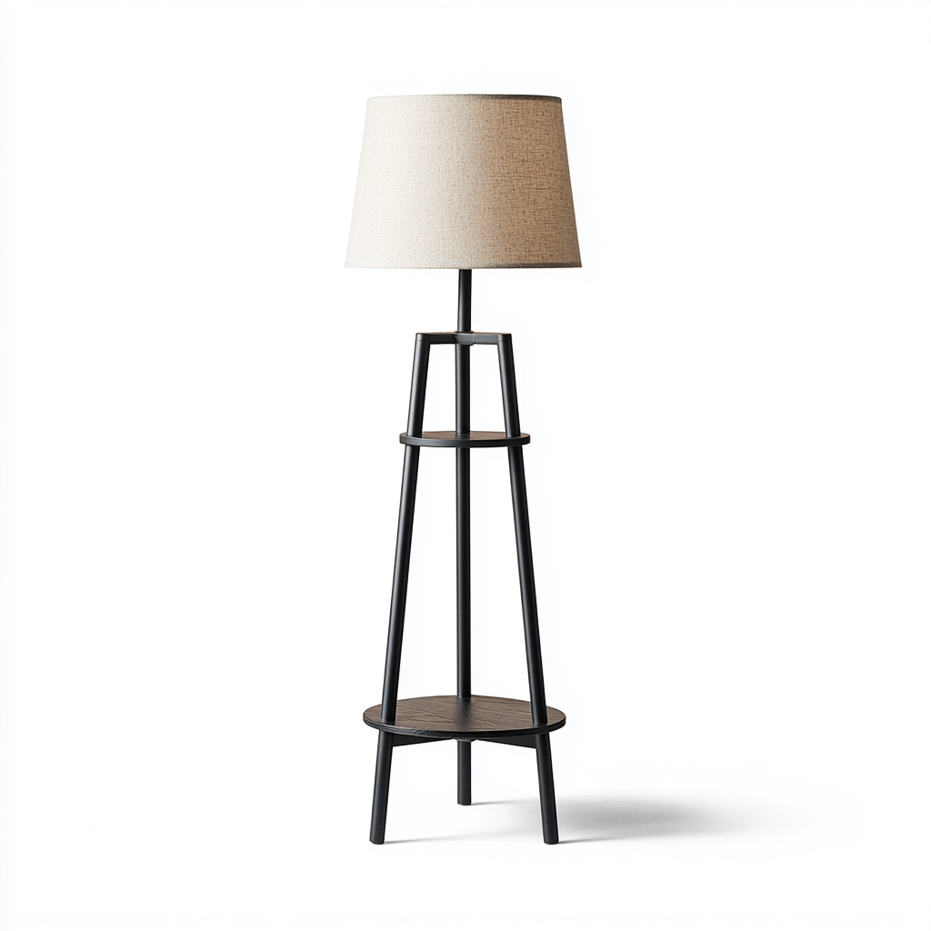 Lampadaire avec étagères métal noir et bois 155x40x40 cm - abat-jour en tissu beige - adapté au salon - style moderne-Homigetio