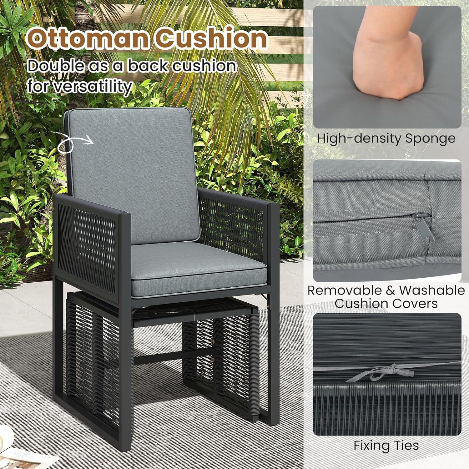 Juego de comedor para patio de 5 piezas de mimbre de polietileno, juego de conversación para exteriores con cojines, silla de ratán para patio que ahorra espacio y asiento de cuero templado.