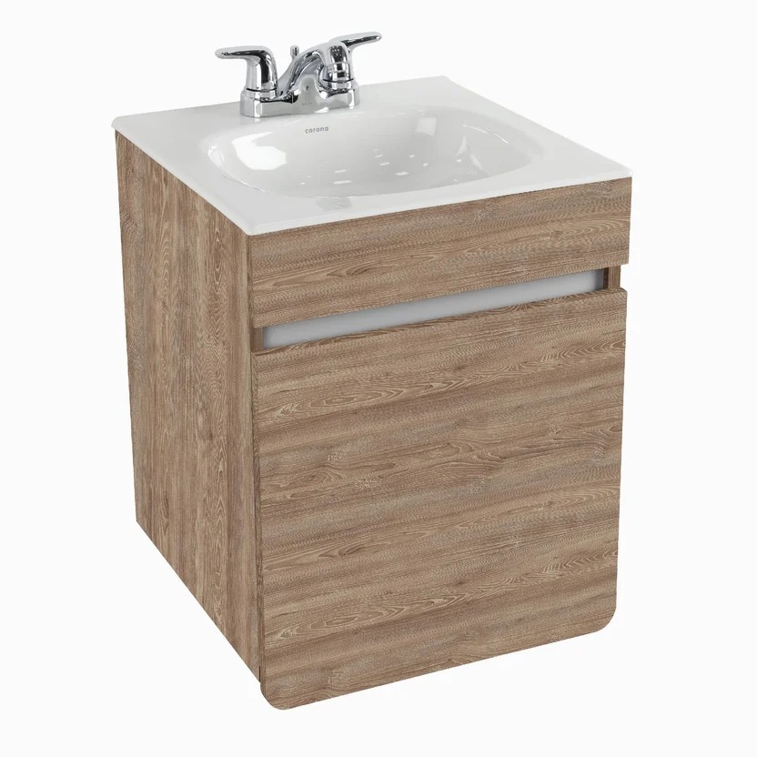 Combo Renueva: Sanitario Ecoclean Alongado Blanco De 2 Piezas + Mueble Aluvia Miel Elevado 45 Cm Con Lavamanos + Grifería Aluvia 4 Pulgadas Corona