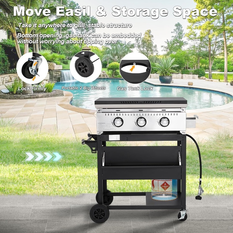 Plancha de gas para exteriores de 3 quemadores y 30000 BTU con tapa, plancha plana portátil de 28 pulgadas, parrilla de hierro fundido resistente en color negro con botella