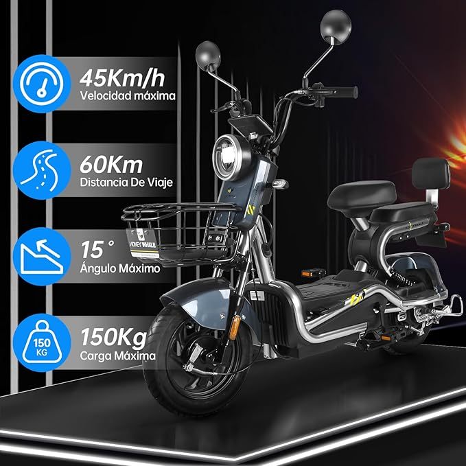 Bicimoto Eléctrica con Alarma, Máxima del Motor 700W, Velocidad Máxima 45KM/H, Autonomía 55-60KM, Baterías de Gran Capacidad 20AH