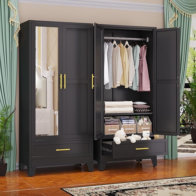 Armario de acero con espejo, clóset de 180 cm con barra para colgar y cajón, gabinete de almacenamiento de ropa de metal con estante ajustable para dormitorio, capa, gimnasio