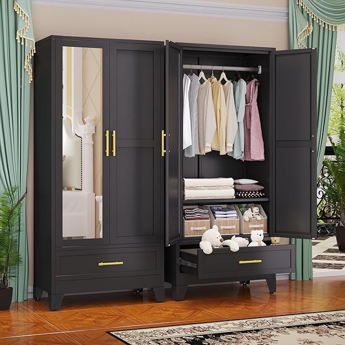 Armario de acero con espejo, clóset de 180 cm con barra para colgar y cajón, gabinete de almacenamiento de ropa de metal con estante ajustable para dormitorio, capa, gimnasio
