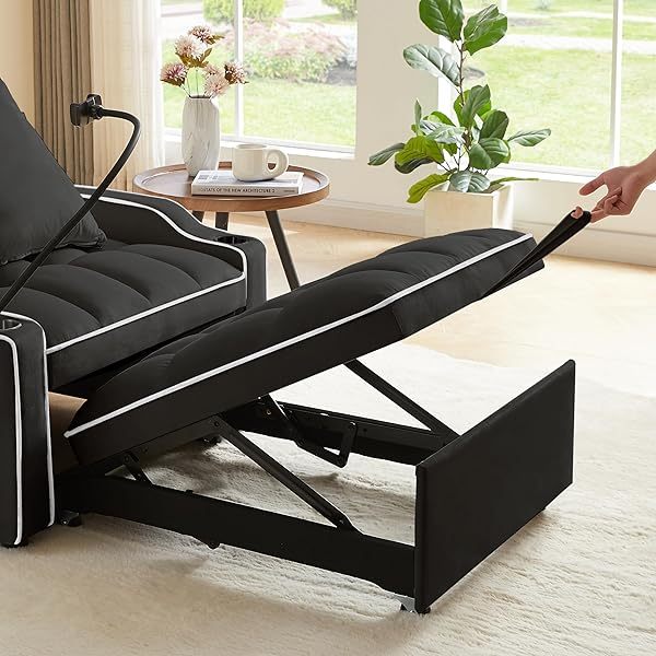 Sofá cama extraíble 3 en 1, sillón convertible individual, sofá cama de terciopelo para invitados, futón decorativo, sillón ajustable con USB, portavasos, soporte para teléfono, bolsillos laterales y almohada lumbar
