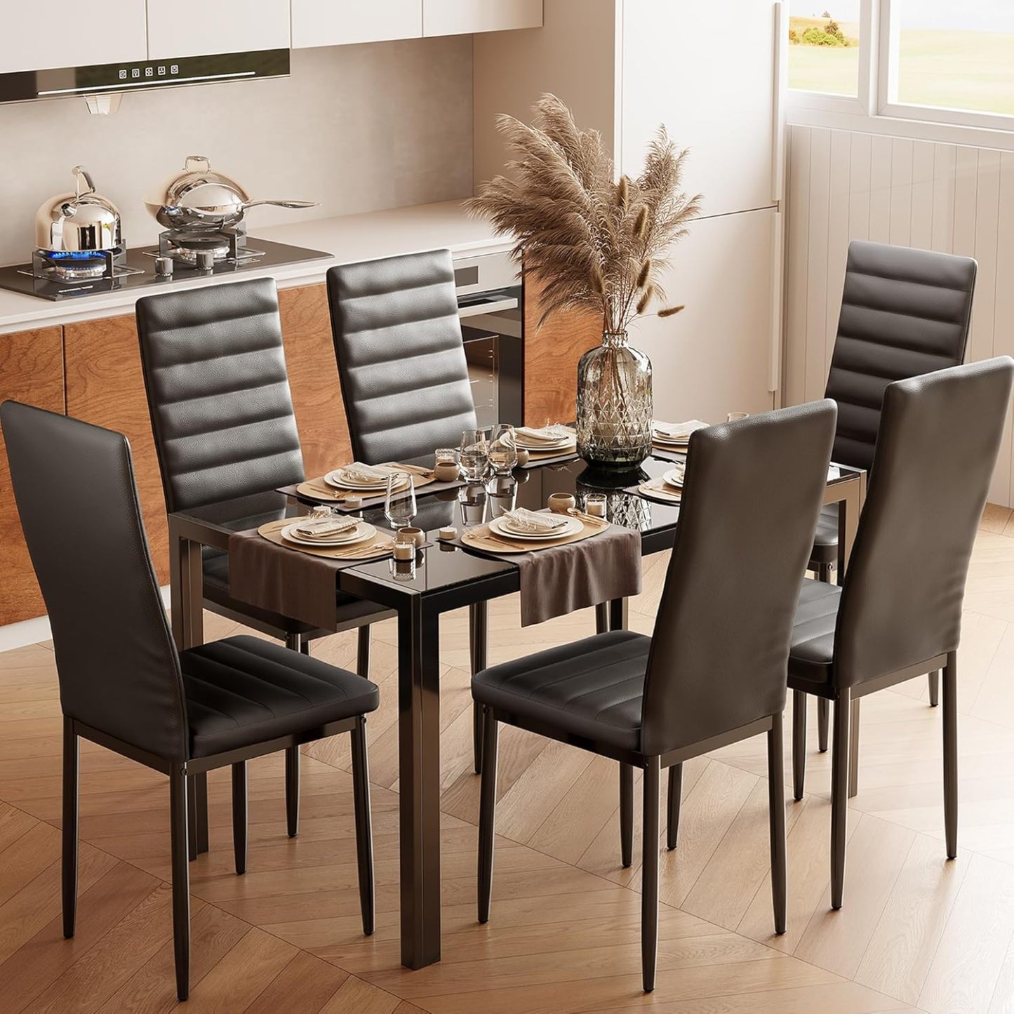 Juego de mesa de comedor para 6 personas, juego de 7 piezas de vidrio templado y sillas modernas para el hogar, la cocina, la sala de estar y el comedor.