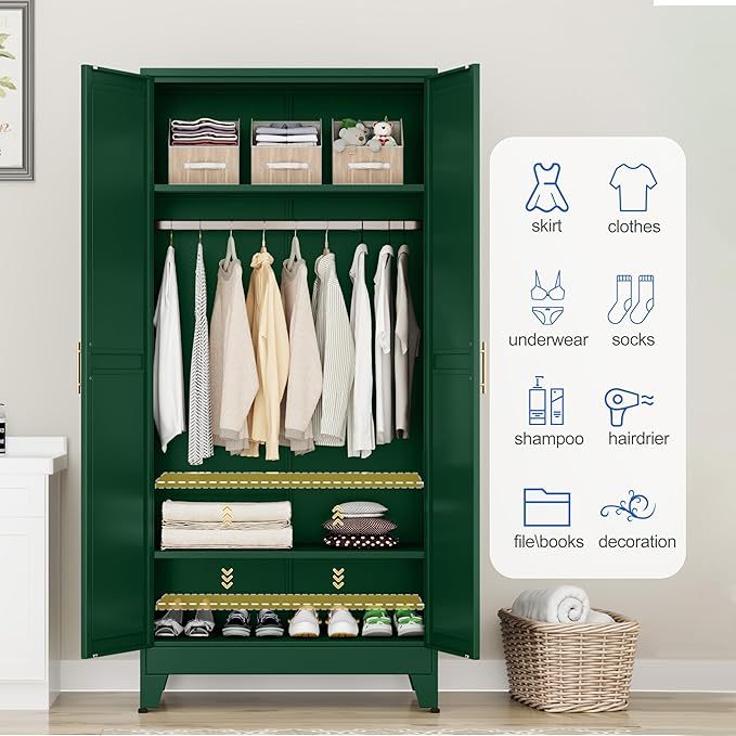 Armario de acero con espejo, clóset de 180 cm con barra para colgar y cajón, gabinete de almacenamiento de ropa de metal con estante ajustable para dormitorio, capa, gimnasio