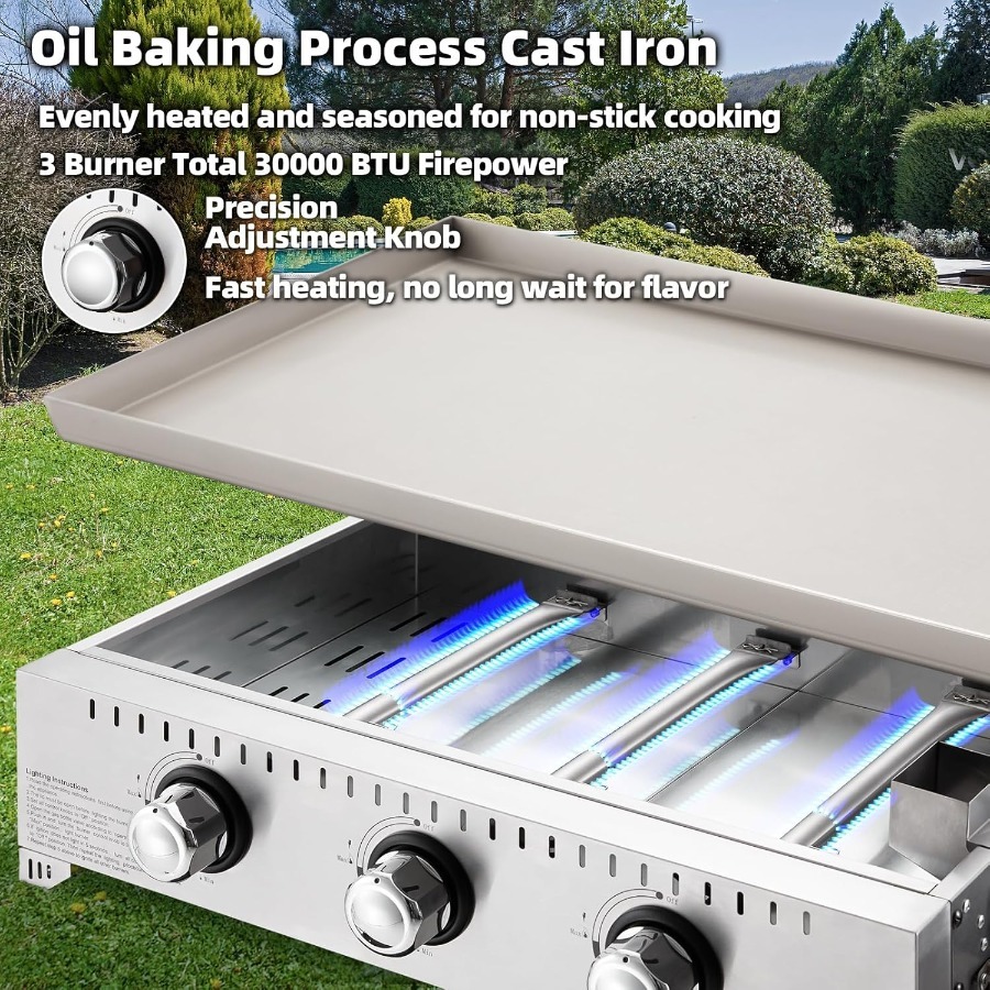 Plancha de gas para exteriores de 3 quemadores y 30000 BTU con tapa, plancha plana portátil de 28 pulgadas, parrilla de hierro fundido resistente en color negro con botella