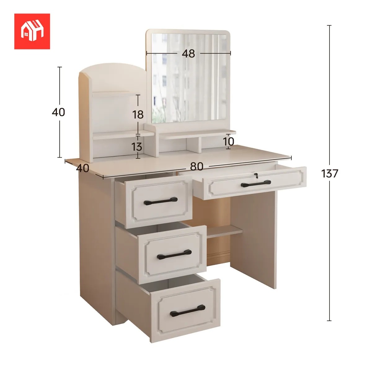 Tocador Para Dormitorio Con Cajones Espejo Cuadrado Pupitre