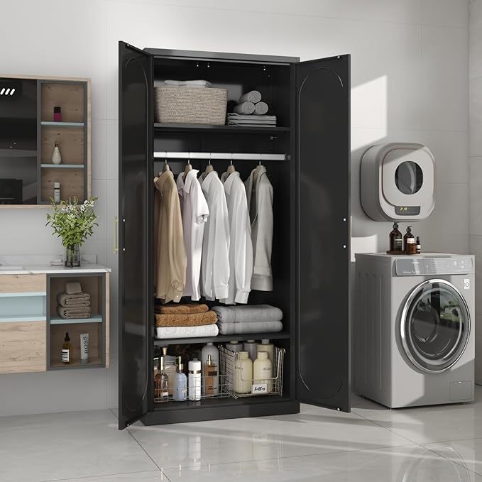 clóset de metal de 71 pulgadas con cajón, clóset de almacenamiento alto para ropa con estantes ajustables y barra colgante, clóset blanco para recámara, hogar, oficina, gimnasio