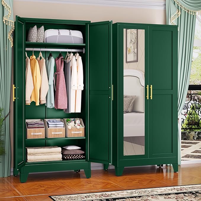 Armario de acero con espejo, clóset de 180 cm con barra para colgar y cajón, gabinete de almacenamiento de ropa de metal con estante ajustable para dormitorio, capa, gimnasio