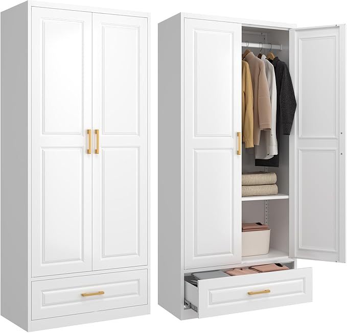 clóset de metal de 71 pulgadas con cajón, clóset de almacenamiento alto para ropa con estantes ajustables y barra colgante, clóset blanco para recámara, hogar, oficina, gimnasio