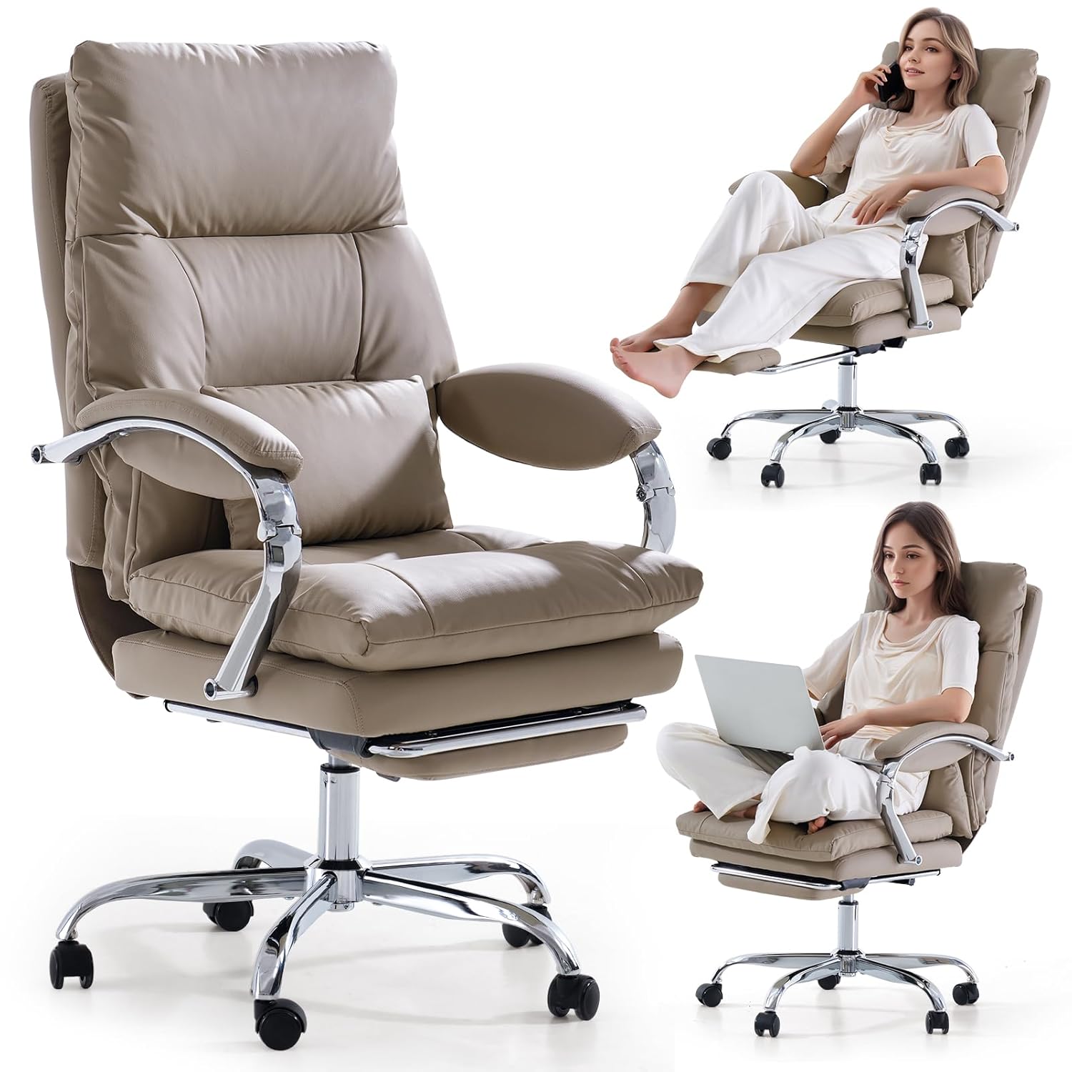 Silla de oficina con reposapiés, silla ejecutiva reclinable con brazos, respaldo alto ergonómico de cuero sintético, cómoda, personalizable.