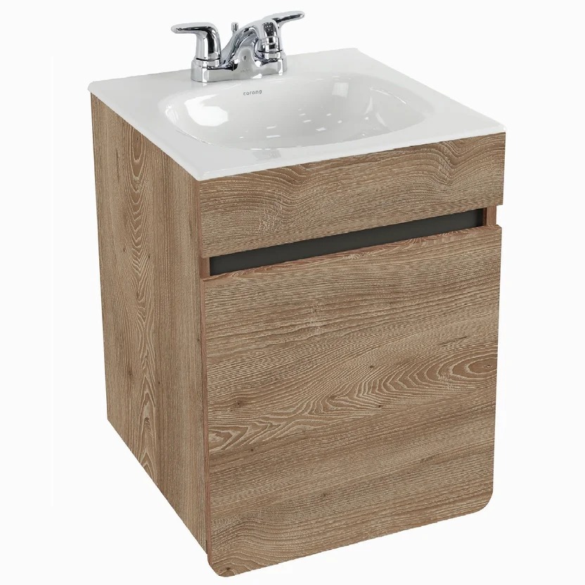 Combo Renueva: Sanitario Ecoclean Alongado Blanco De 2 Piezas + Mueble Aluvia Miel Elevado 45 Cm Con Lavamanos + Grifería Aluvia 4 Pulgadas Corona