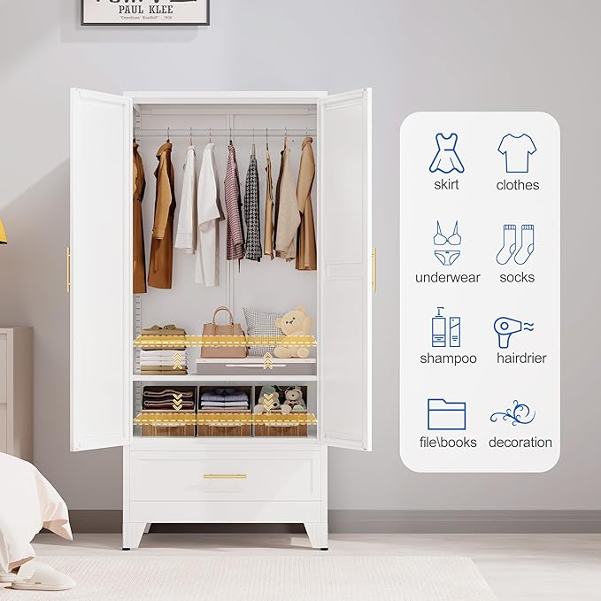 Armario de acero con espejo, clóset de 180 cm con barra para colgar y cajón, gabinete de almacenamiento de ropa de metal con estante ajustable para dormitorio, capa, gimnasio