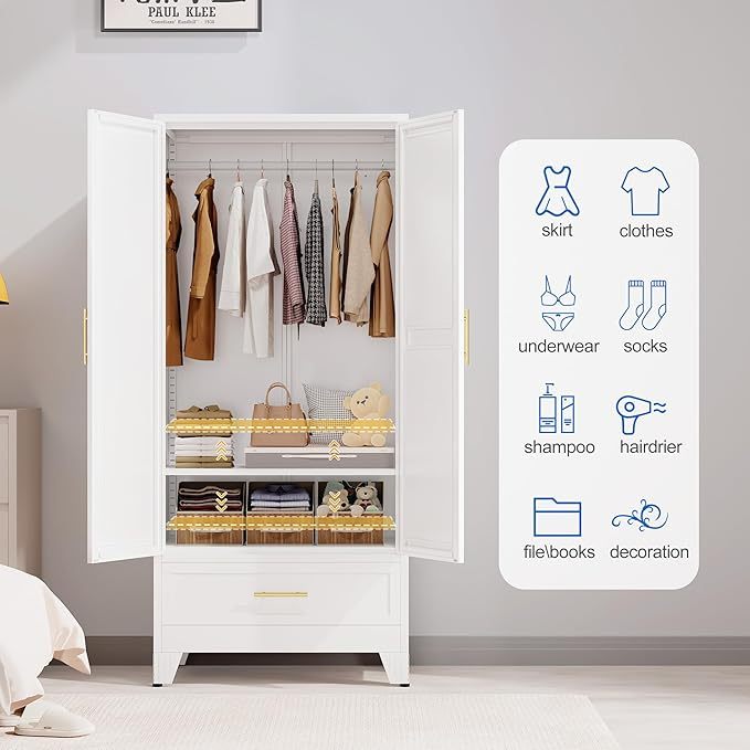 Armario de acero con espejo, clóset de 180 cm con barra para colgar y cajón, gabinete de almacenamiento de ropa de metal con estante ajustable para dormitorio, capa, gimnasio