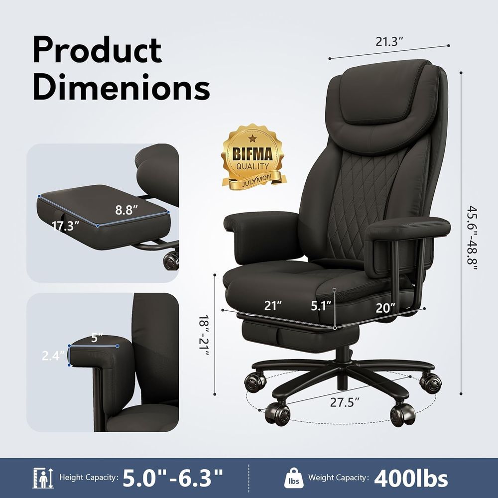 Silla de oficina ejecutiva grande y alta, 400 libras, reclinable a 165°, con reposapiés, silla de escritorio de cuero