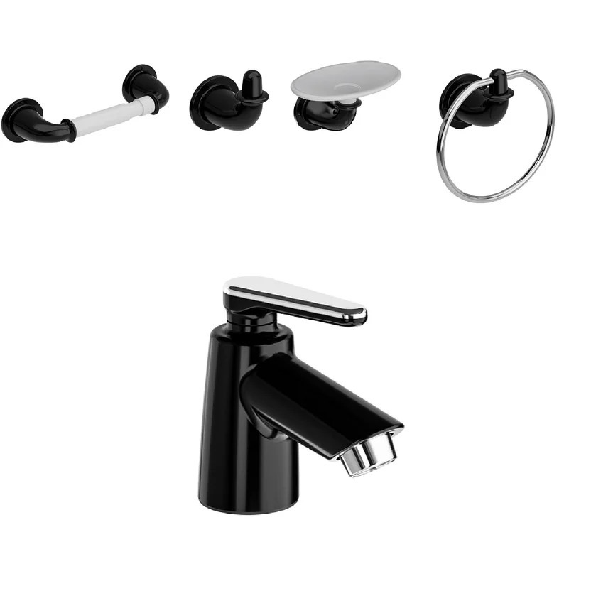 Combo Manantial: Sanitario Manantial Redondo Blanco De 2 Piezas + Mueble De Colgar De 40 Cm Nogal Negro, Lavamanos Milano + Grifería Sencilla Nogal Negra + Accesorios Valencia De 4 Piezas Corona
