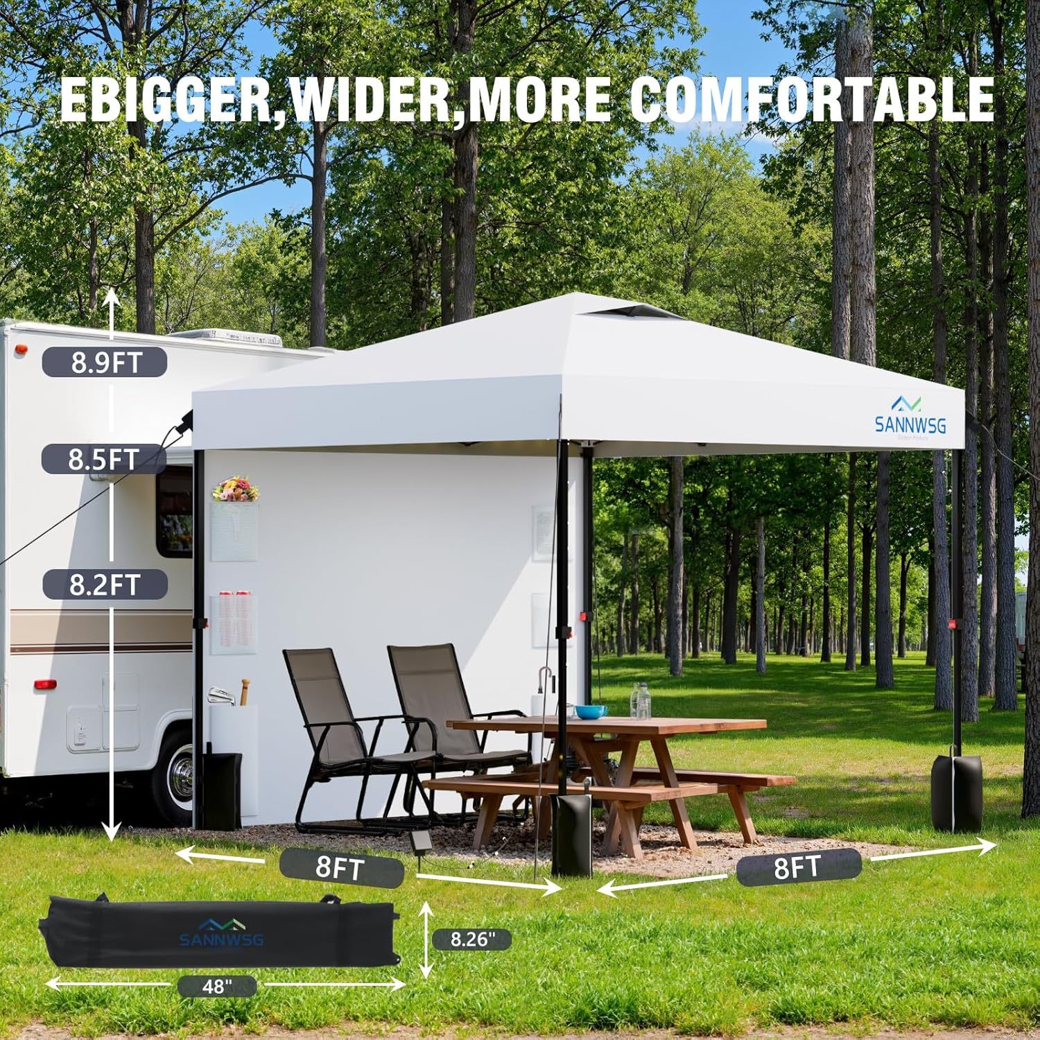 Carpa plegable de 8x8 con paredes laterales desmontables, fácil de instalar para eventos al aire libre y campamentos.